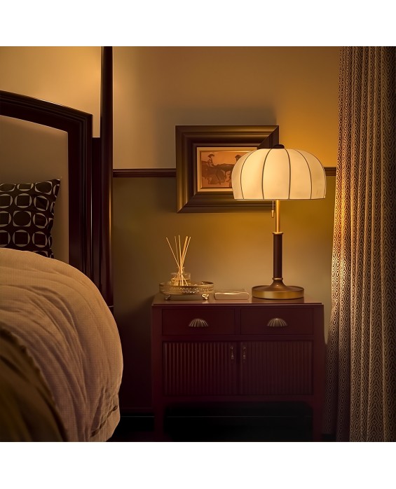White Wax Solid Wood Bedroom Retro Table Lamp