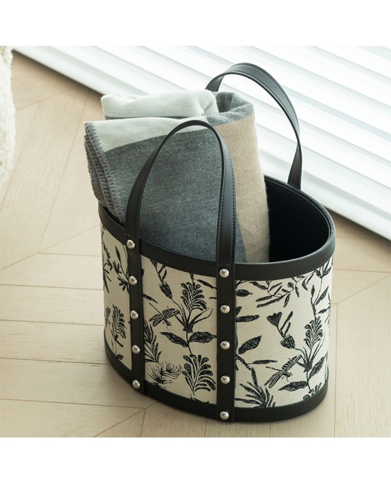 Flower and Grass Pattern Portable Leather Laundry Basket