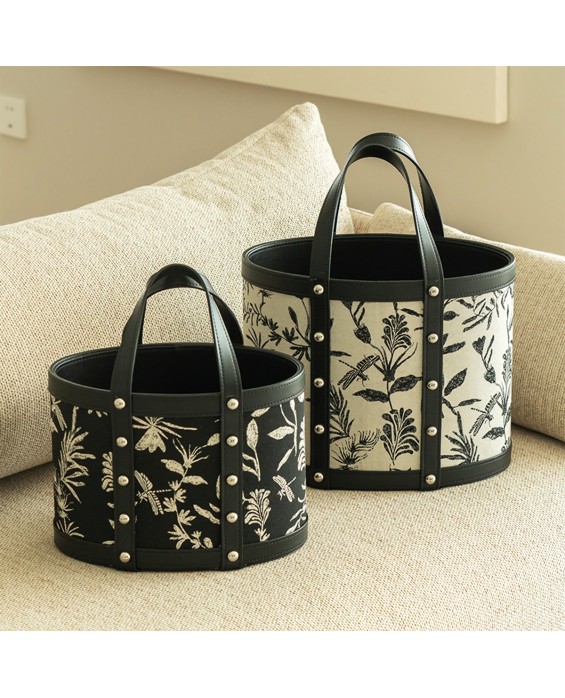 Flower and Grass Pattern Portable Leather Laundry Basket