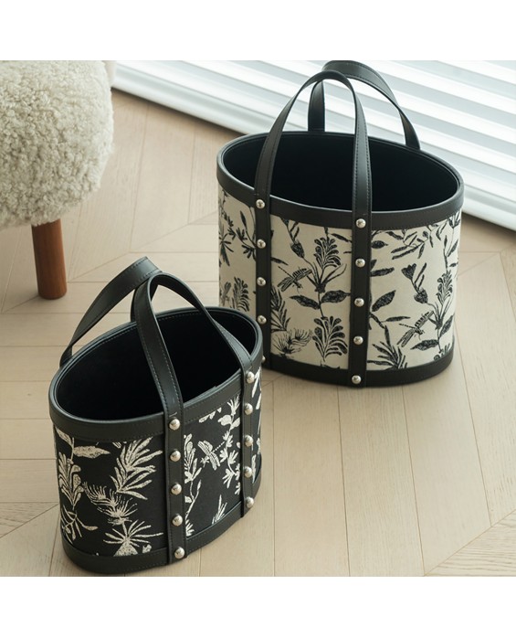 Flower and Grass Pattern Portable Leather Laundry Basket