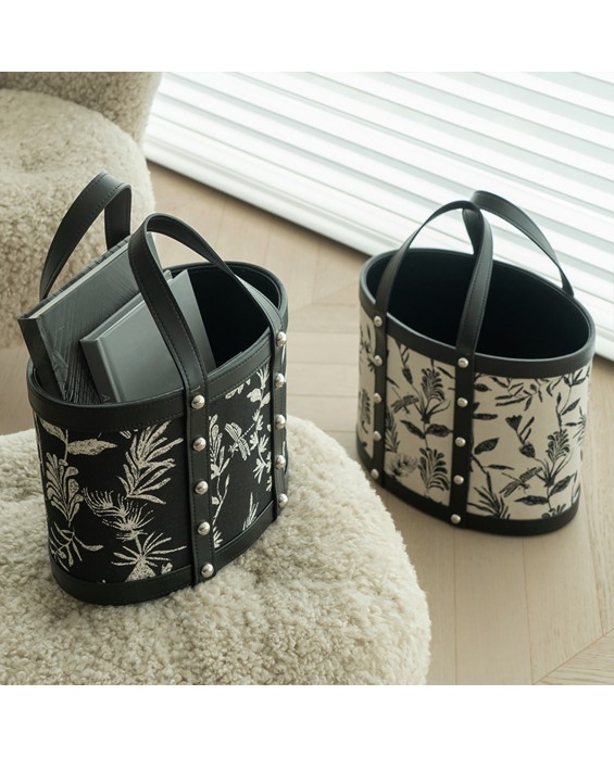 Flower and Grass Pattern Portable Leather Laundry Basket