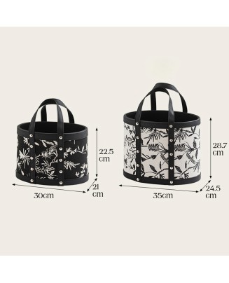 Flower and Grass Pattern Portable Leather Laundry Basket