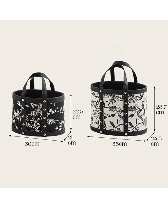 Flower and Grass Pattern Portable Leather Laundry Basket