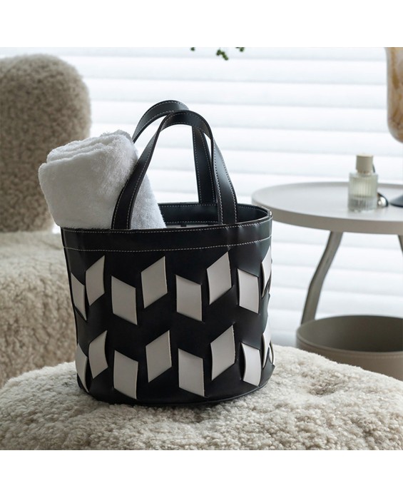Black And White Leather Woven Dirty Clothes Basket