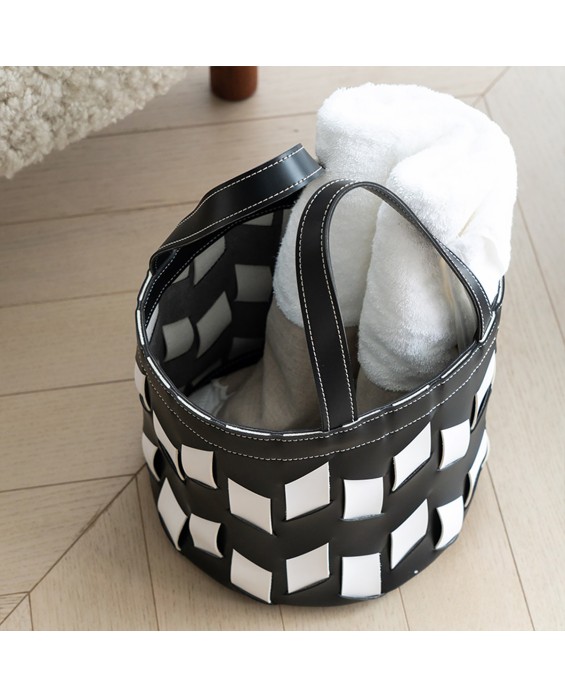 Black And White Leather Woven Dirty Clothes Basket