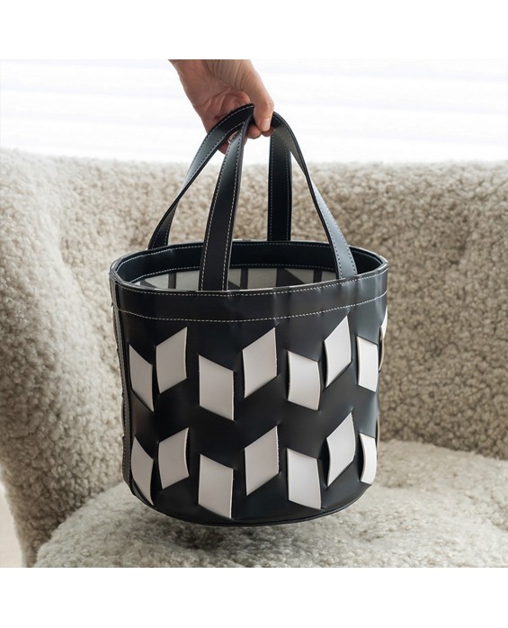 Black And White Leather Woven Dirty Clothes Basket